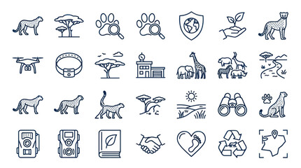 African wildlife safari and cheetah conservation icon set. © muhammad