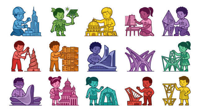Kids building diverse architectural models, flat vector illustration, education  construction