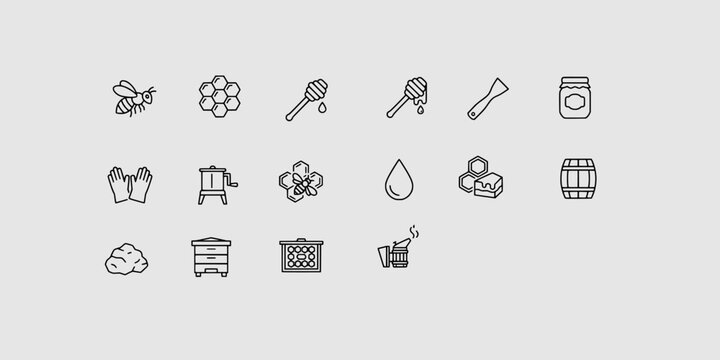 Icon set collection of honey production, beekeeping equipment, harvesting tools, hive maintenance items, and sweet natural food product icons.