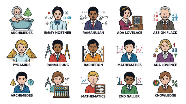 Educational Icons: Famous Mathematicians, Science, Math Symbols, Flat Art