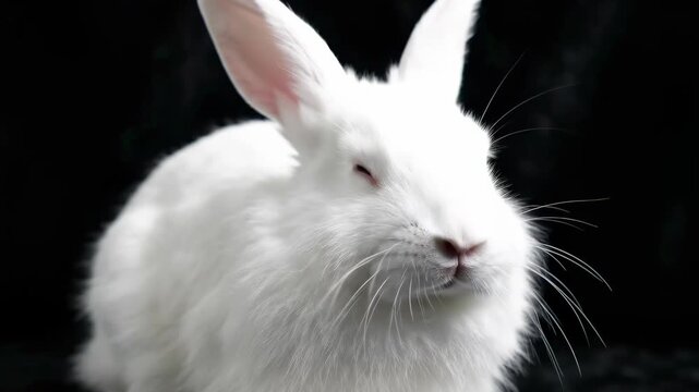 Close up of a white rabbit with red eyes on a black background.