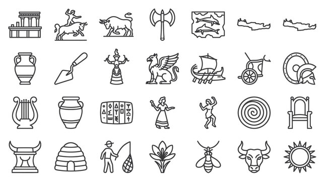 Antique mythology and ancient civilization linear icon collection.