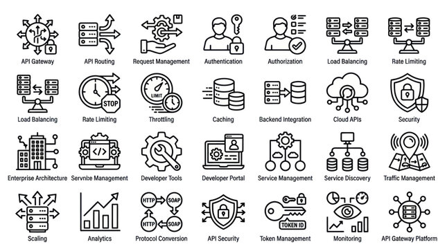 API management and software architecture development icons.