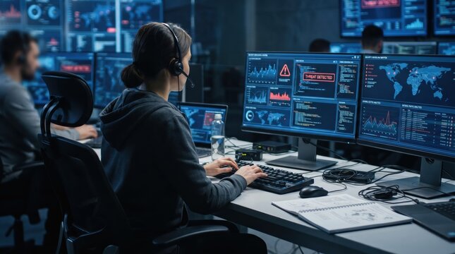Cybersecurity analyst monitoring real-time threat detection dashboard, network security operations center with multiple screens displaying global maps and alerts