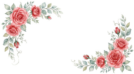 Elegant watercolor floral corner frame with soft red roses, rosebuds, and green leaves on transparent background. Perfect for wedding invitations and greeting cards and graphics design elements. © bikram