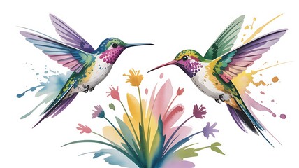 Fototapeta premium Watercolor painting of two colorful hummingbirds fluttering near a vibrant floral cluster
