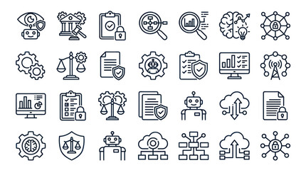 Artificial intelligence and cybersecurity line icon set. © muhammad