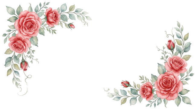 Elegant watercolor floral corner frame with soft red roses, rosebuds, and green leaves on transparent background. Perfect for wedding invitations and greeting cards and graphics design elements.