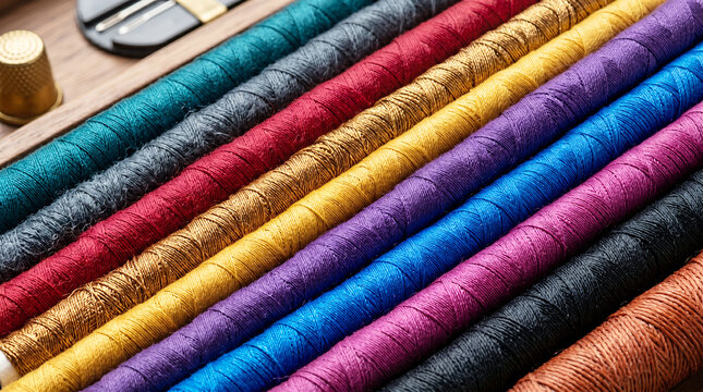 Rows of colorful spools of sewing thread arranged diagonally on a wooden surface with a metal thimble and scissors