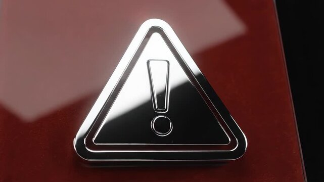 Close-up of a metallic warning sign with an exclamation mark.