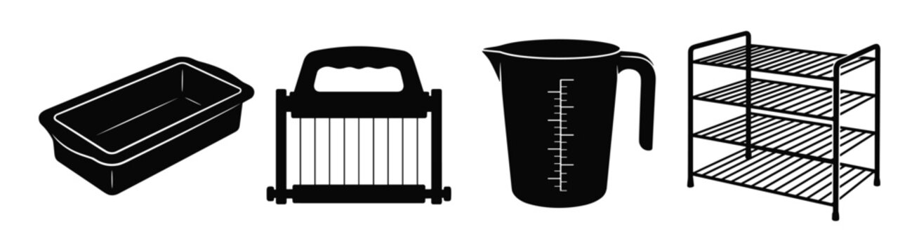 Kitchen utensils set, baking pan, vegetable slicer, measuring cup, drying rack.