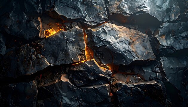 Dark rocks with glowing orange cracks.
