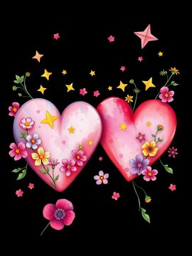 Delicate, hand-painted illustrations of hearts adorned with stars and flowers, illustration, romance