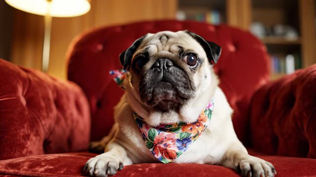 Adorable Pug Dog Relaxing on a Luxurious Red Velvet Armchair.