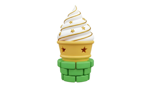 Delicious creamy soft serve ice cream cone decorated with shiny golden stars and wrapped in green brick textures on transparent background