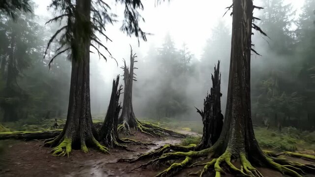 Misty Forest Path with Ancient Trees and Fog.