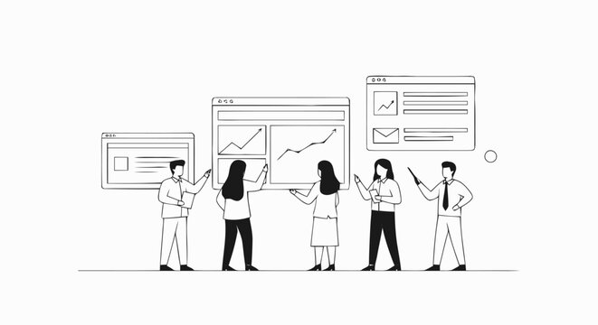 Business team analyzing data charts and graphs on screens line art illustration.