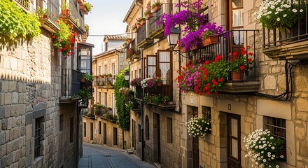 Fototapeta premium Narrow cobblestone street in historic european town with flower filled balconies