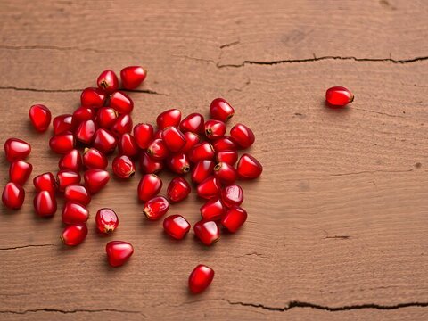 Vibrant red pomegranate seeds scattered across a rough wooden surface, seeds, edible