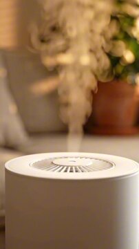 Modern white cylindrical air purifier standing on wooden table in cozy living room