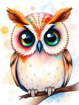 Whisper-soft watercolor owl with big round eyes and gentle expression, trees, dark