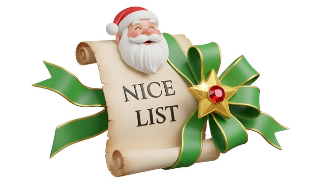 Cheerful 3d santa claus character holding a vintage scroll with nice list text and green ribbon on transparent background
