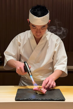 Realistic Omakase chef torching wagyu nigiri with aburi technique, releasing gentle smoke in a dimly lit luxury sushi bar 