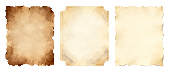 Fototapeta premium Set of Three Vintage Aged Paper Textures with Torn Edges and Decorative Borders for Antique Stationery and Artistic Design Projects