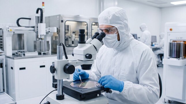 Professional scientist in sterile white cleanroom suit using microscope, semiconductor manufacturing laboratory, high-tech electronics research facility