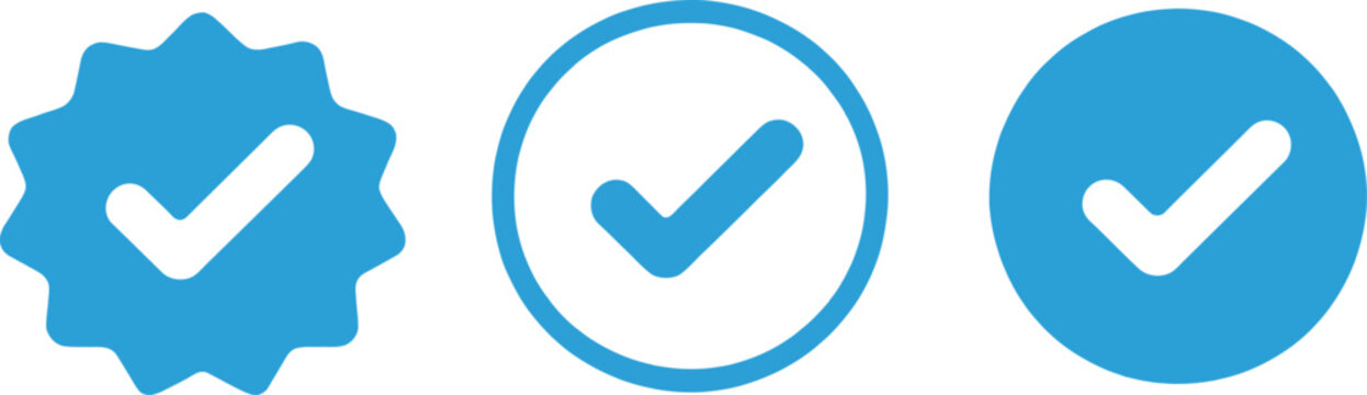 Account verify icons featuring verified badge, check mark, tick symbol, confirmed approval, and authentication vector graphics.
