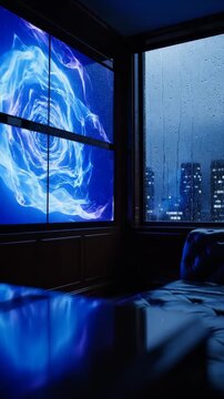 Futuristic Bedroom with Abstract Digital Art Display and Cityscape View.