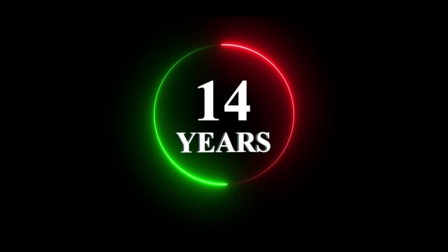 14 years anniversary neon circular frame motion glowing red and green light ring countdown or milestone celebration for event branding