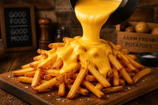 Golden fries cascade with rich, gooey cheese. Salt sprinkles add crisp contrast. Wooden board holds hearty comfort. Cheese pot pours over crispy delight. Chalkboard reads "Good Food