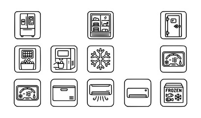 Fototapeta premium Modern refrigerator line icon set vector freezer outline symbols for kitchen appliance mobile app web design