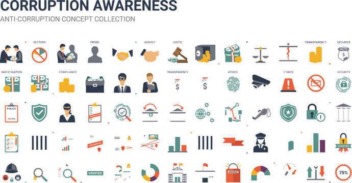 Corruption Awareness Line Icon Collection Featuring Anti Corruption, Transparency, Ethics, Fraud Prevention and Editable Stroke Vector Icon Set