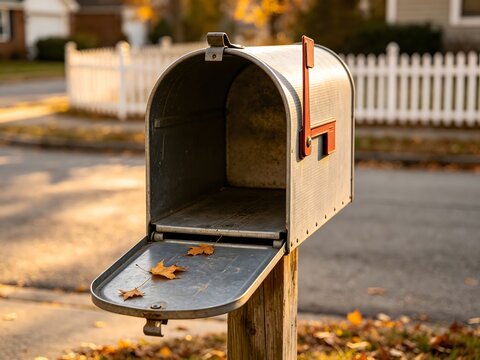 Open empty silver mailbox in a suburban neighborhood during autumn