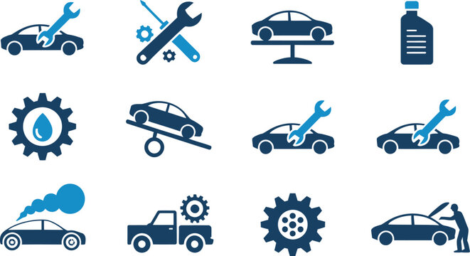 Automobile maintenance icons show various tasks like oil changing and repair work for a.