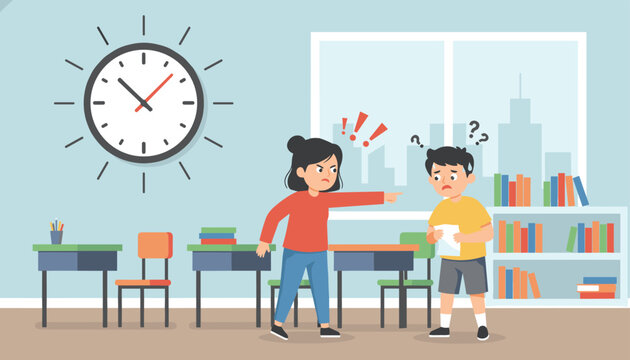 Strict female teacher points her finger and scolds a sad young boy in a classroom with desks and bookshelves during school hours.