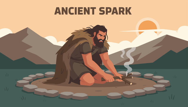 Primitive caveman with long hair and beard wearing fur clothing kneeling to start a fire with wooden sticks in an ancient landscape setting.