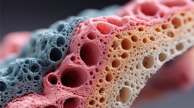 Close-up view of multicolored, porous, sponge-like material with diverse textures and colors