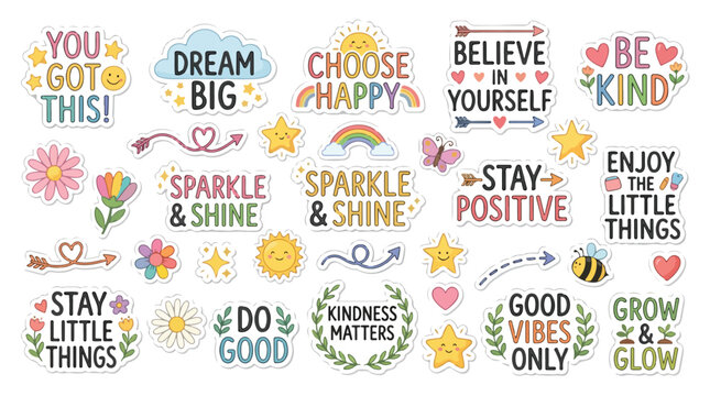 Inspirational quote stickers set, colorful motivational phrases with cute icons, pastel mental health positive affirmation vector collection