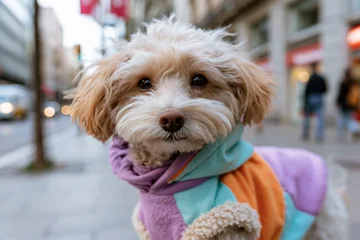 Soft-coated dog wears colorful fleece coat. Curious eyes meet viewer with gentle expression. Urban street background softly blurred behind. Dog looks cozy, endearing, and full of charm © lashkhidzetim