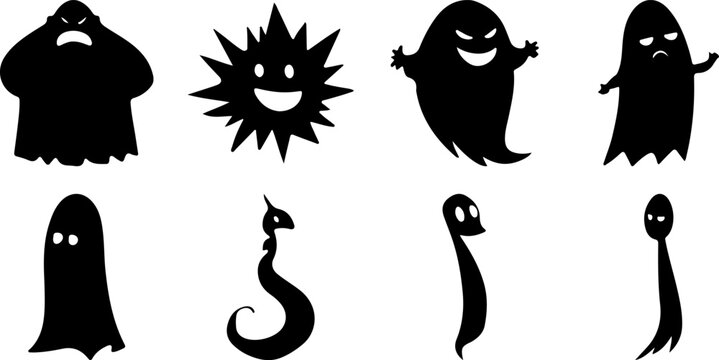 Spooky Halloween ghost silhouettes set, 8 black monster character icons, creepy phantom and spirit vector illustrations for holiday design