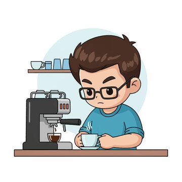 Vector illustration of a chibi man with glasses and brown hair using a professional espresso machine in a kitchen, holding a steaming cup of coffee at a wooden counter cafe.