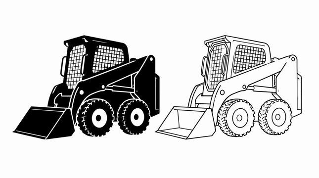 Skid steer loader icons in solid and line art, construction vehicle