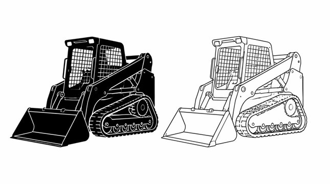 Skid steer loader icon set, solid and outline vector construction