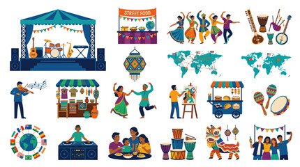 Fototapeta premium Global Cultural Festival Event Vector Flat Illustrations: Music, Food, Dance, Art Diversity Collection