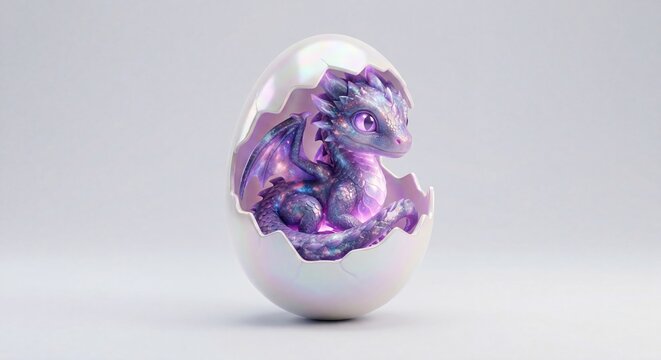 Cute baby dragon hatching from white egg. Fantasy creature with galaxy skin pattern and glowing purple eyes. Magical beast born in shell. Mythical animal concept for fairytale adventure.
