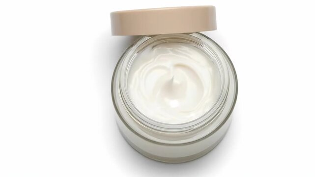 A top down view of a glass jar containing white moisturizing facial cream