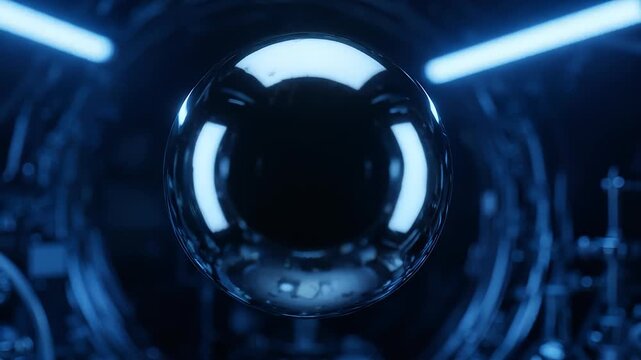 Abstract futuristic liquid chrome sphere pulsating in dark vacuum chamber, metallic fluid morphing and reflecting neon blue industrial lights with high quality cinematic motion.